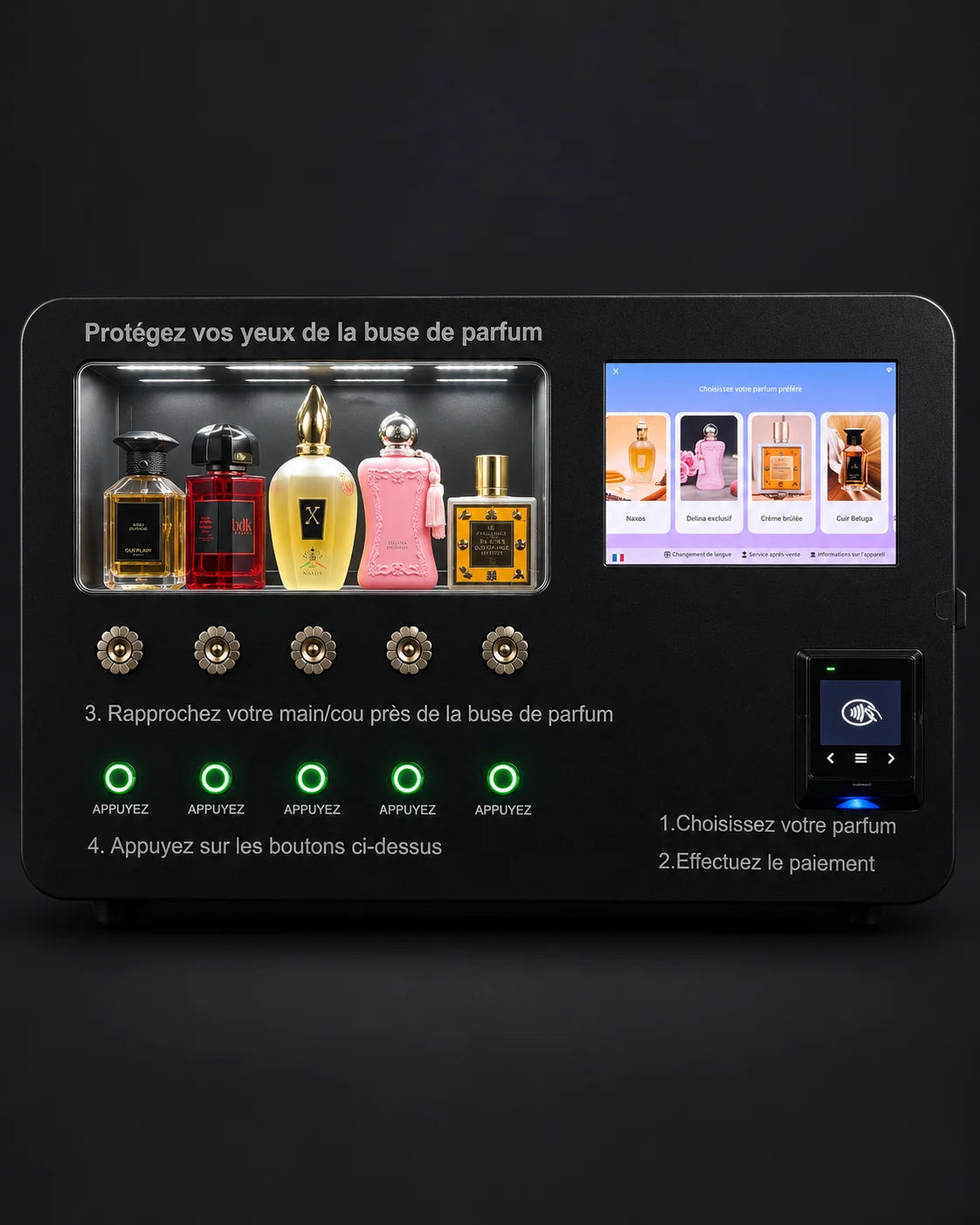 Vue de face du distributeur AMN Parfum avec ses cinq flacons, buses et boutons